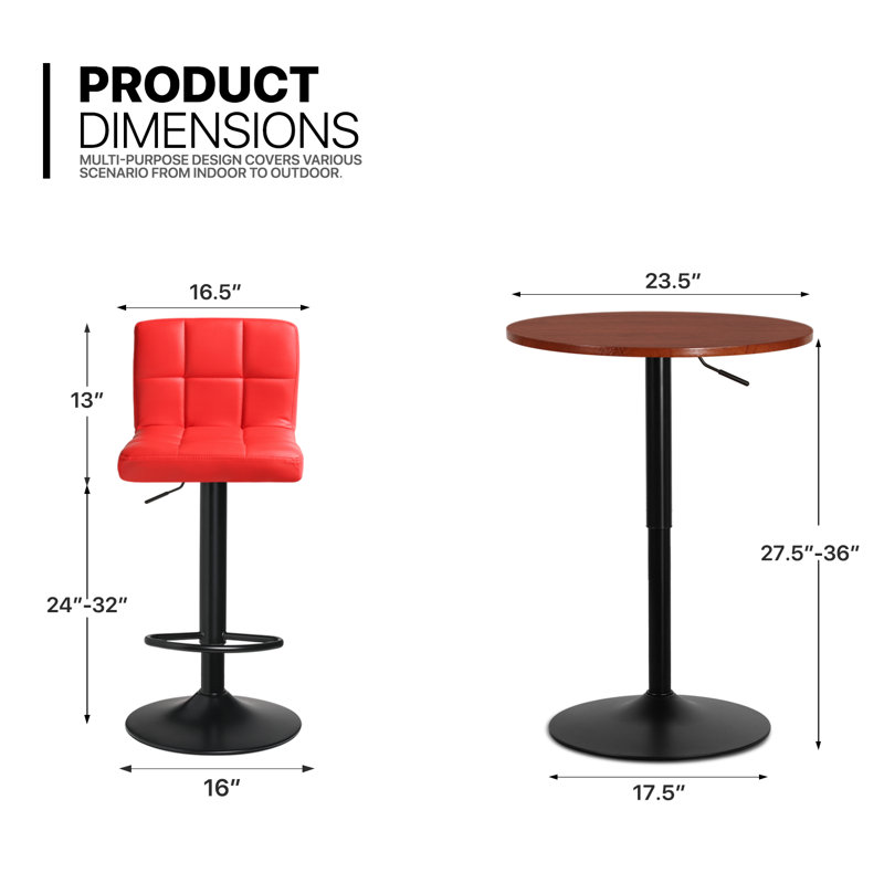 Ensemble de salle à manger de bar et 2 chaises, table ronde à hauteur réglable et tabourets de bar en cuir, Rouge, Rouge
