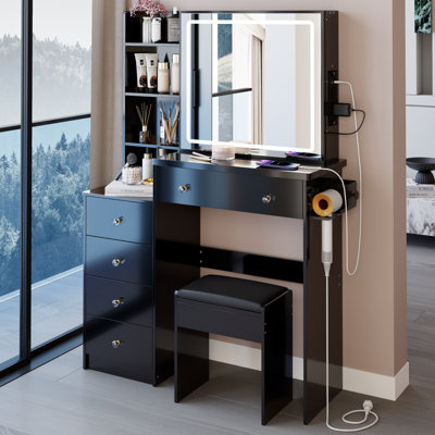 Ensemble de meuble-lavabo de 37 po de taille moyenne avec commode gauche + commode tabouret, 2 prises CA + 2 prises USB, support pour séchoir à cheveux, grand miroir à DEL tactile, interrupteur 3 couleurs, EPA, GCC, certificat UL
