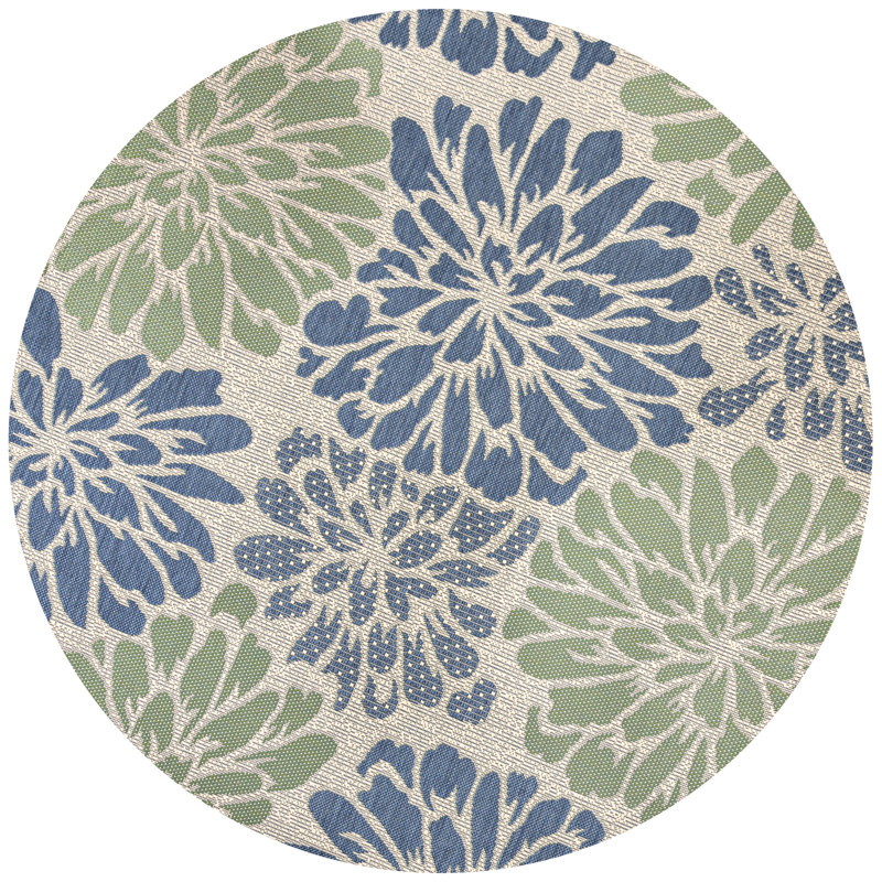 Tapis d'intérieur / extérieur bleu marine / vert à motif floral texturé Hagy, Rond 6 pi 7 po