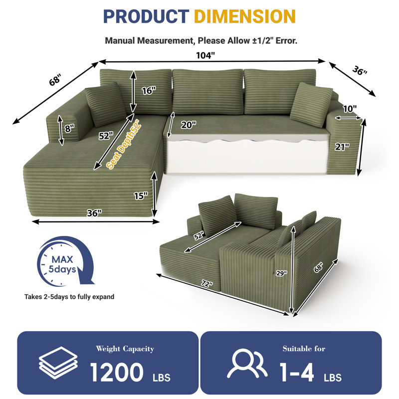 Ellie Cloudy Boneless Sectional Couch With L-shape Chaise, No Assembly Required, Modern Modular Sofa With Deep Seat, Upholstered Couches For Living Room Bedroom