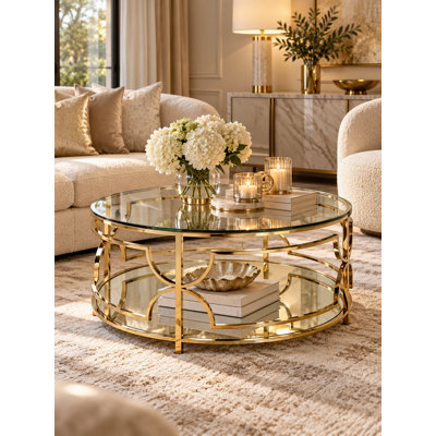 39" Round Tempered Glass Top Coffee Table with Storage Shelf