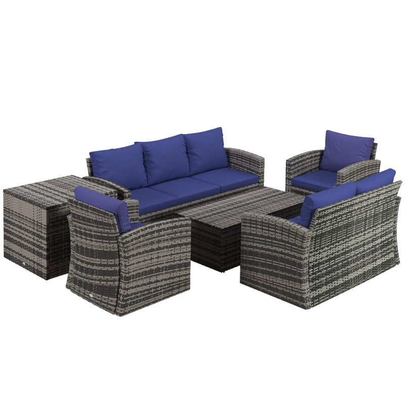 Wicker 7 - Person Garden Lounge Set with Cushions, Navy Blue