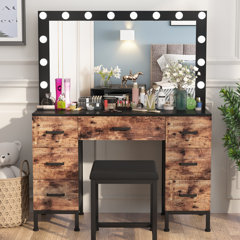 Everly Quinn Wood Makeup Vanity Table Set with LED Lighted Mirror