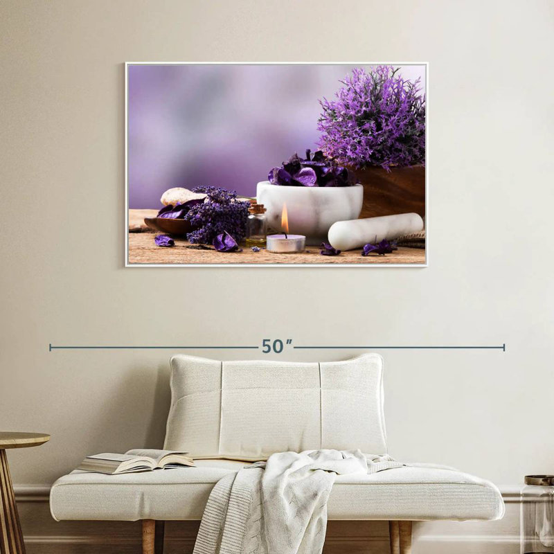 Lavande apaisante, 40 po x 27 po, Cadre flottant blanc
