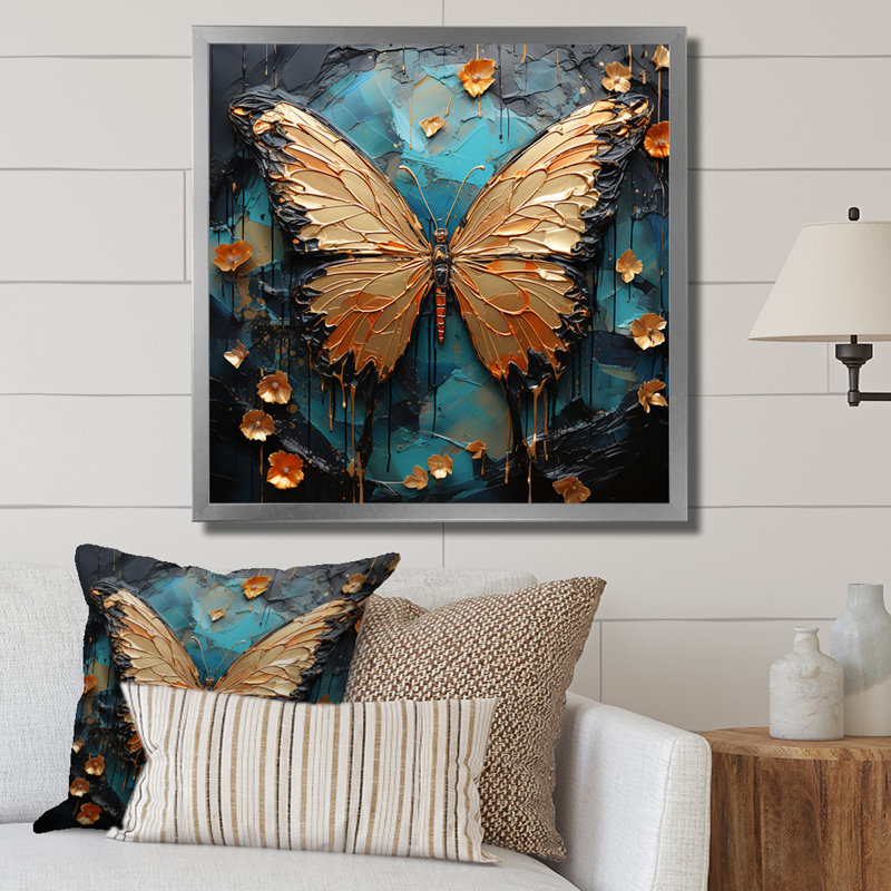 Art mural papillon doré et bleu III, H 30 po x l 30 po x P 1,5 po, Cadre simple argenté