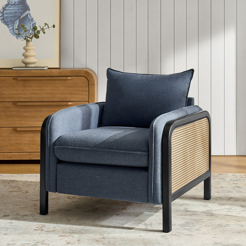 Claria Coastal 32.75" Solid Wood Upholstered Armchair With Woven Rattan Arms, Navy