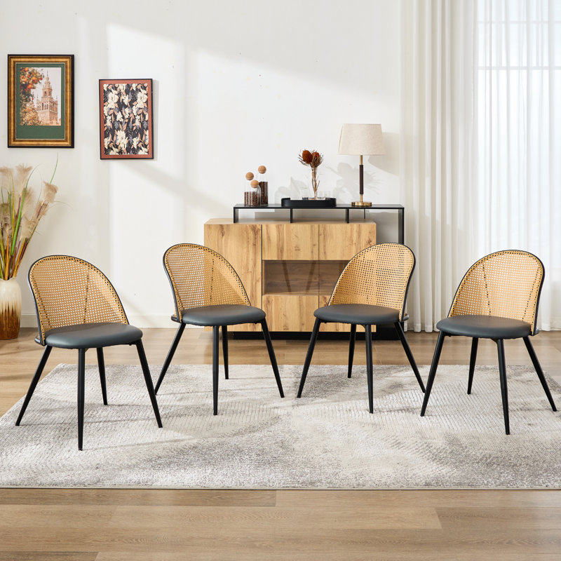 Upholstered Seat Dining Chair With Rattan Back(Set Of 4), Black