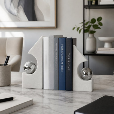 Serre-livres à sculpture décorative avec décorations orbes - Serre-livres décoratifs pour la maison, style bibliothèque et accessoires de bureau - ensemble de 2, 10 po, blanc