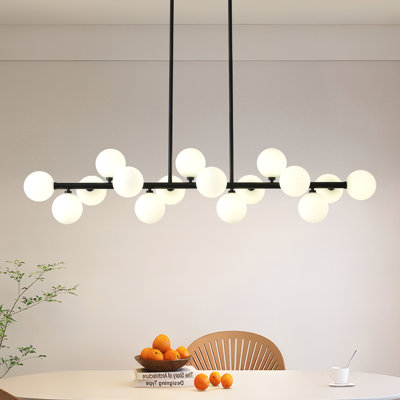 55In Black Linear Sputnik Chandelier With 16 Opaline Globes, Adjustable Mid-Century Modern Pendant Light For Dining Room And Kitchen Island