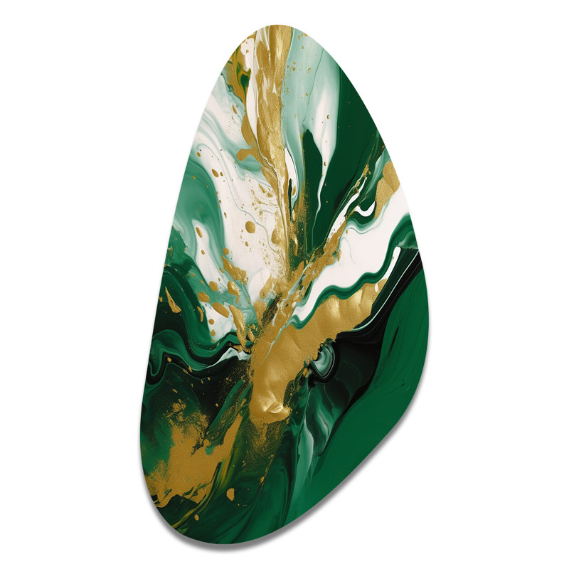 Vert et or liquide Magic II - art mural abstrait en forme unique en métal, impression d'art asymétrique vert en métal
