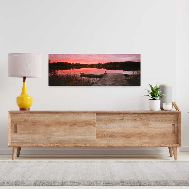 Canoe tied to dock on a small lake at sunset Sweden 1 Piece Wrapped Canvas Panoramic Wall Art, 30.48 cm H x 91.44 cm W