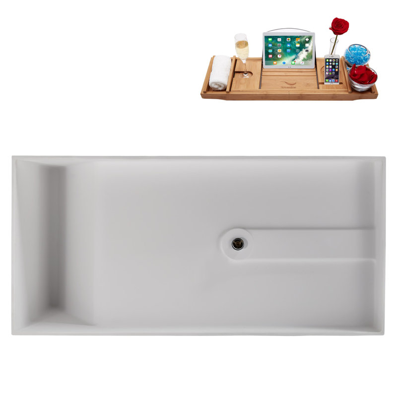 59" Streamline Soaking Matte White Stone Resin Freestanding Tub And Tray With Internal Drain In Polished Chrome