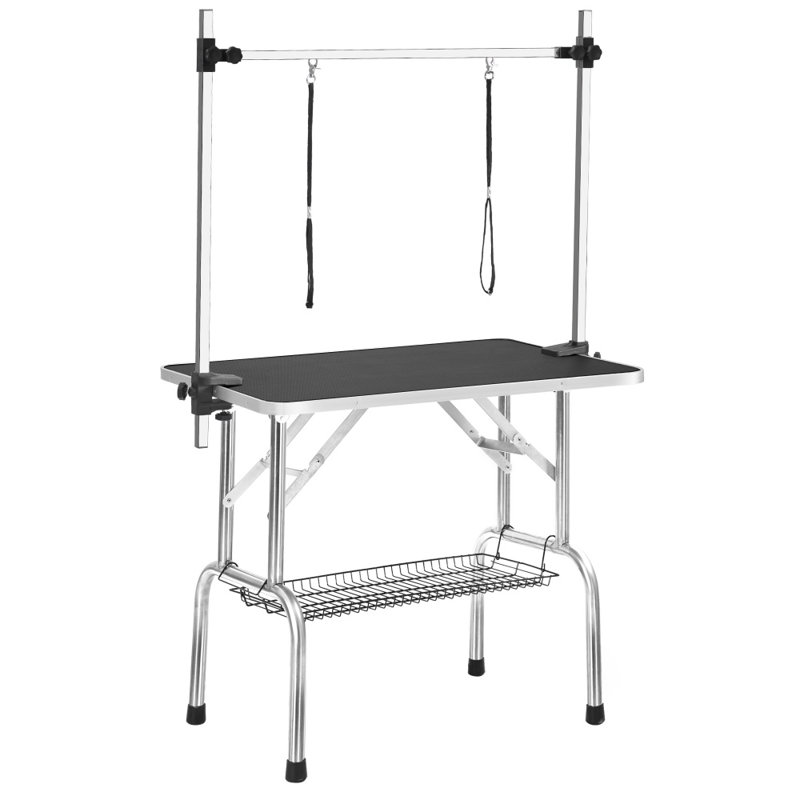 Folding Stainless Steel Pet Grooming Table With Adjustable Arm & Storage Basket