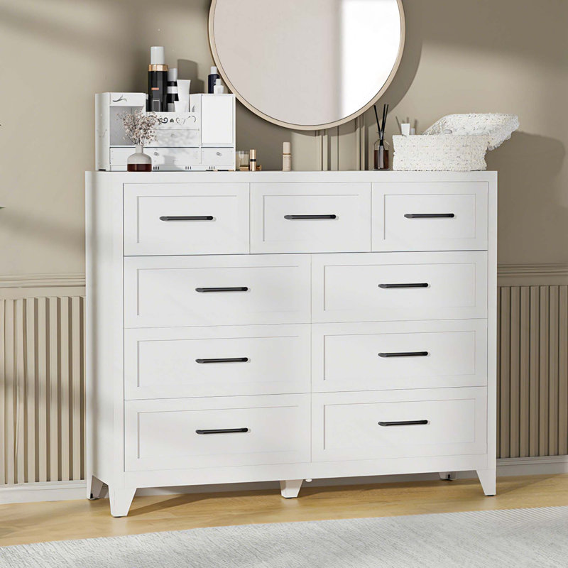Commode haute à 9 tiroirs peu encombrante avec glissières coulissantes pour le rangement à la maison, Blanc