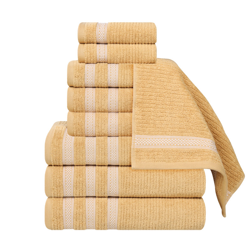 Orley Zero Twist Cotton Ribbed Modern Geometric Border Soft Highly-Absorbent Assorted 9 Piece Bathroom Towel Set, Gold