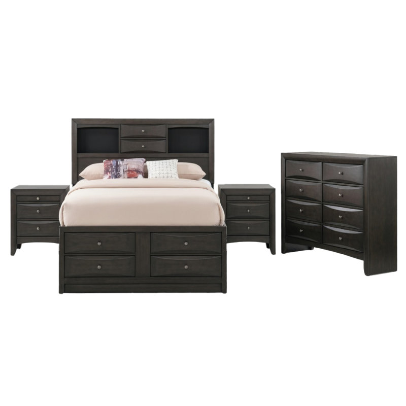 Ensemble de chambre pour grand lit, finition grise, lit avec tiroirs, ensemble de 4 pièces avec lit, 2 tables de chevet et commode