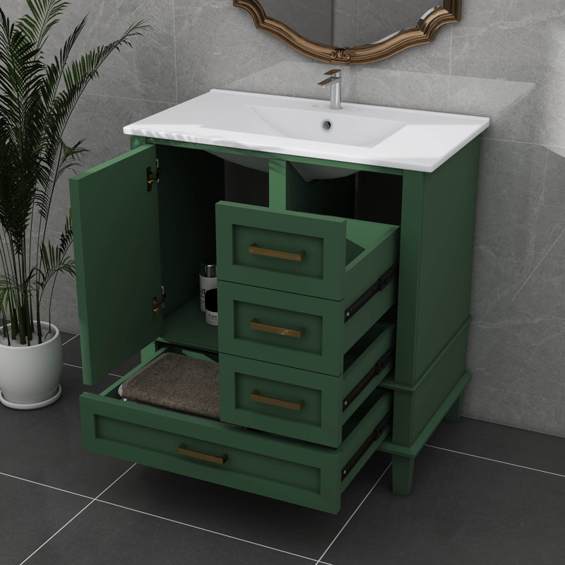 Combinaison de meuble-lavabo de salle de bain élégant de 30 pouces avec 3 tiroirs à fermeture silencieuse, Vert/doré