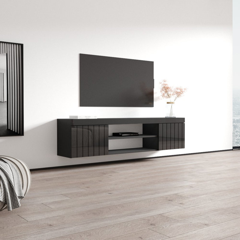 70.9" Modern TV Stand with High Gloss Finish, Black