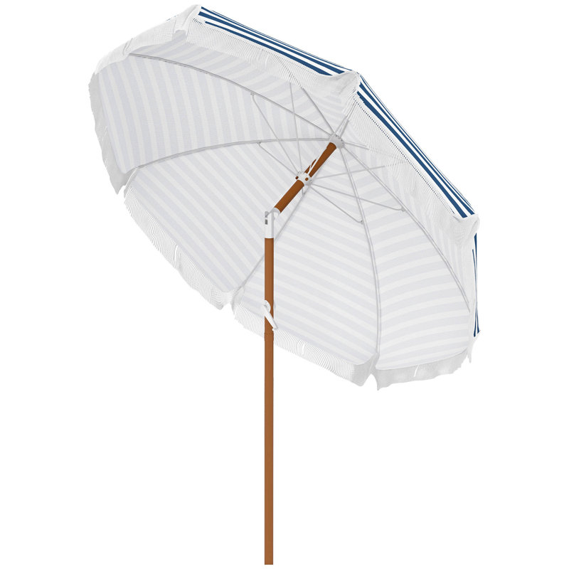 Parasol d'extérieur 7 x 7 pi avec inclinaison. Vent. Parasol de table Market avec volants à franges et volant. Bande bleue