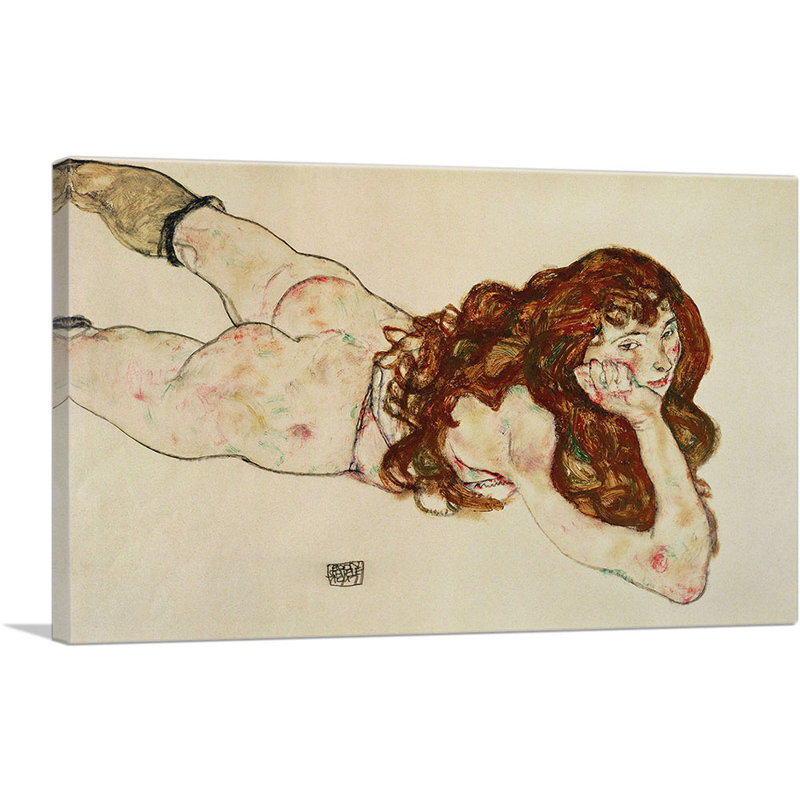 Reproduction d'art sur toile tendue, "Nu féminin sur le ventre 1917" par Egon Schiele, H 26 po x l 40 po x 1,5 po