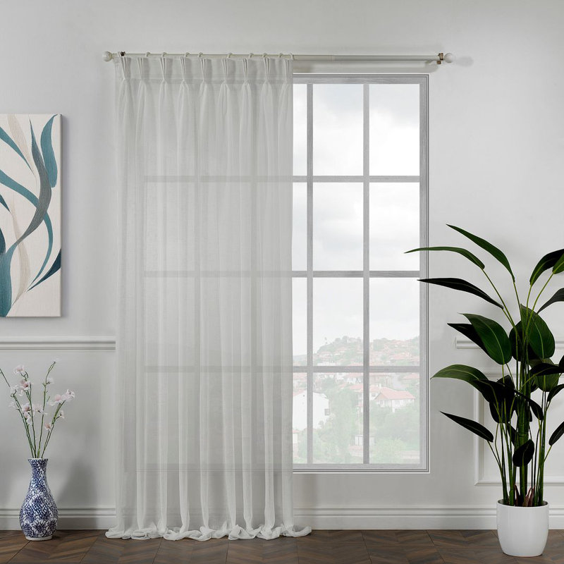 Pinch Pleated Extra Long & Extra Wide Faux Linen Semi Sheer Single Panel, 100" W x 72" L, Off White/Ecru