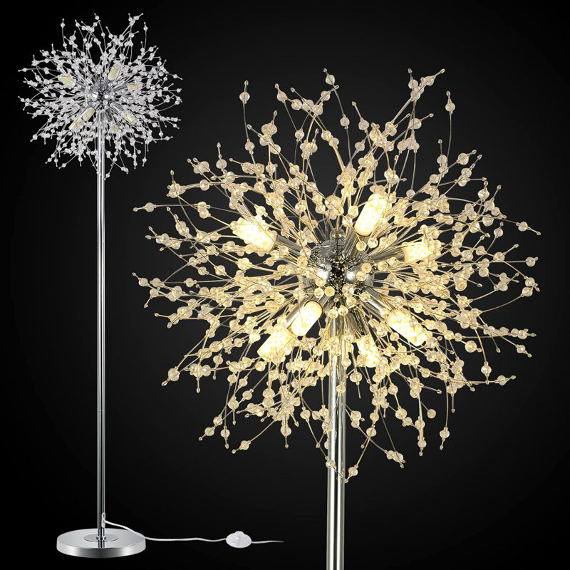 Crystal Floor Lamp - Modern Standing Lamp With 32 Firework Crystal Harnesses, 360° Adjustable Lighting, Sturdy Chrome Base, Easy Assembly