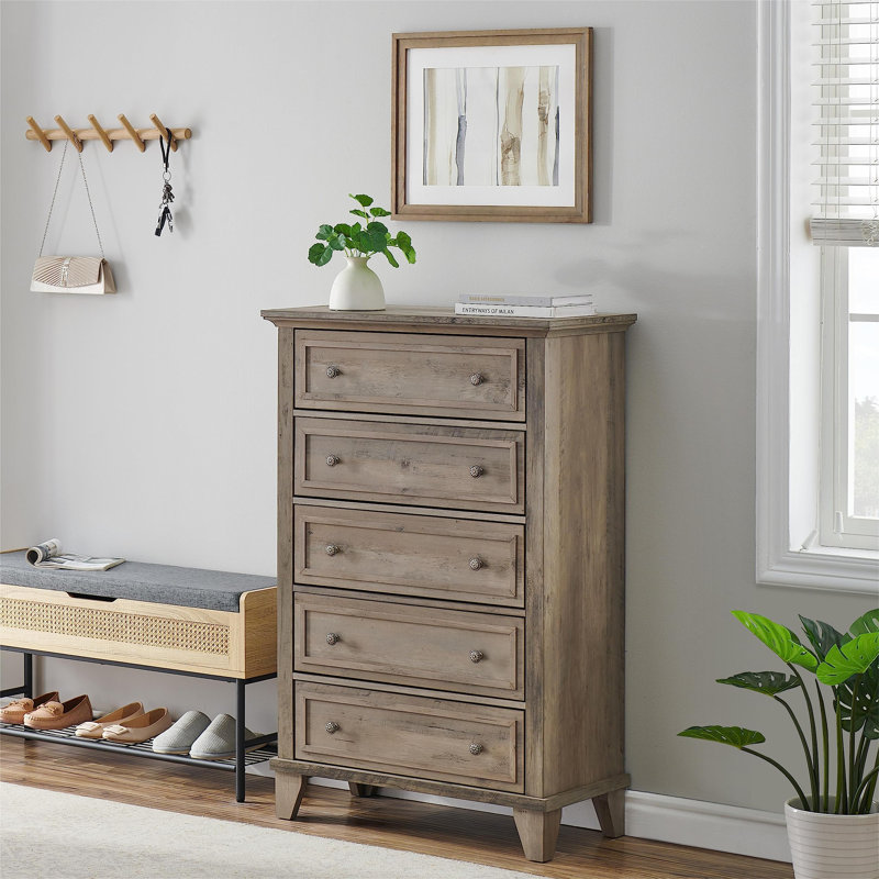 Commode 5 tiroirs en bois, Gris
