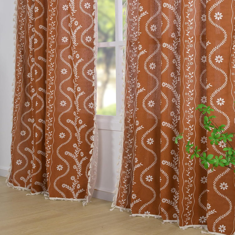 2-Pack Burnt Orange Linen Curtains! Bohemian Farmhouse, Retro Floral Semi-Sheer