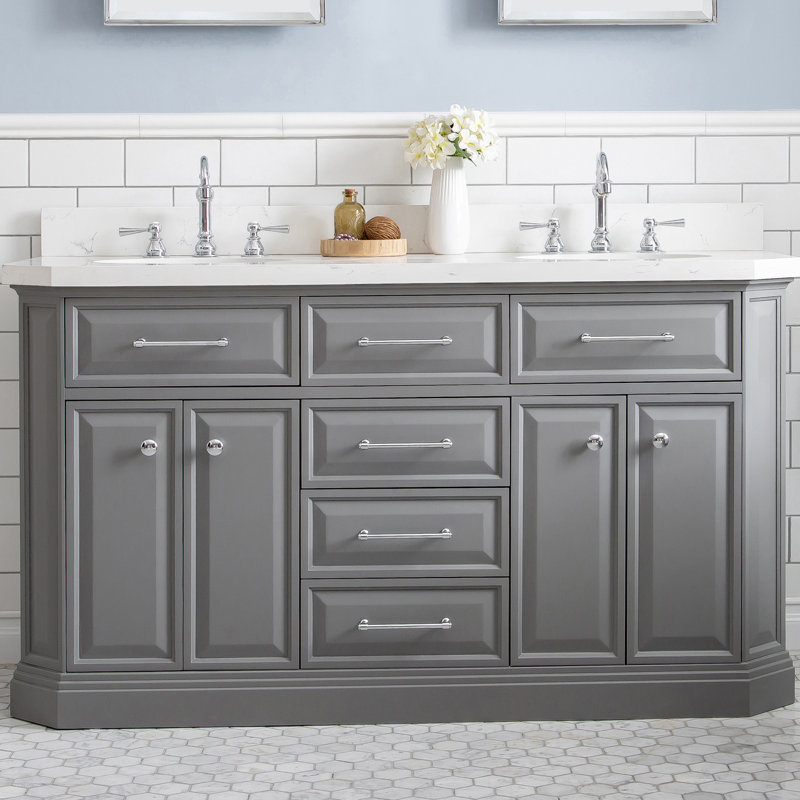 Meuble-lavabo de comptoir en quartz Carrara de 60 po avec robinet Bruning, Gris cachemire, Chrome, fixé sur le comptoir