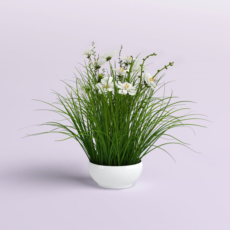 Cosmos artificiel en pot et herbe artificielle, H 16,5 po x l 17 po x P 17 po