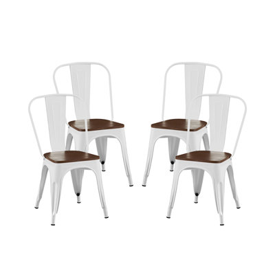 Ensemble de 4 chaises de salle à manger industrielles en métal laqué blanc brillant et assise en noyer, hauteur 45,7 cm, empilables, pour intérieur et extérieur, au design moderne et compact.