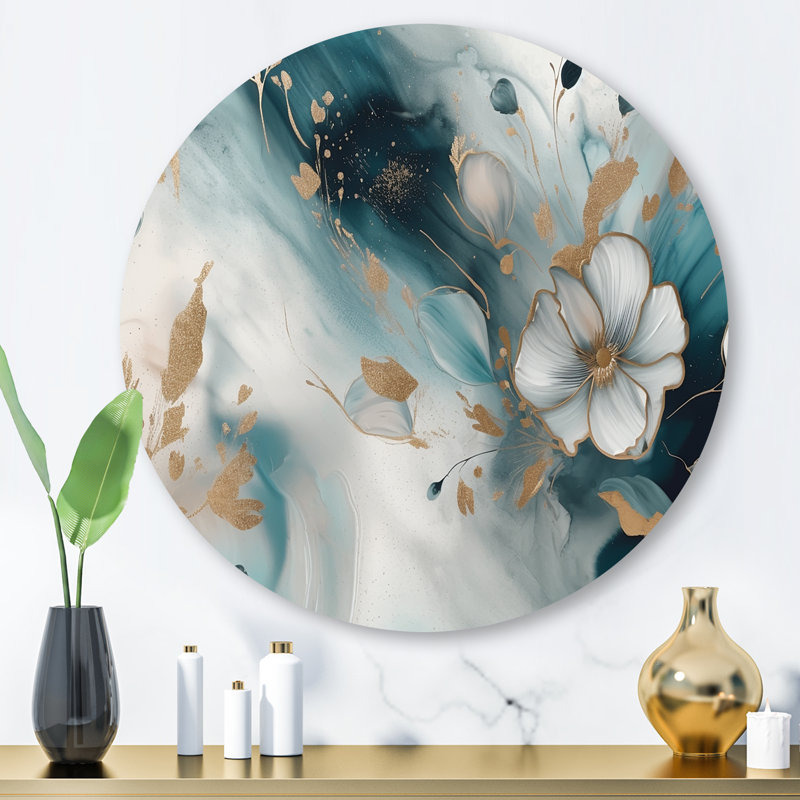 «Blue and Gold Exploration Floral Forms II», art mural rond floral abstrait en métal, H 36 po x l 36 po x P 1 po