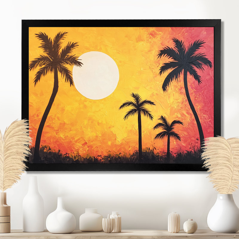 «Sunset Oasis Palm Trees I», impression d'art sur palmiers, Picture Framed Print, Noir, H 12 po x l 20 po