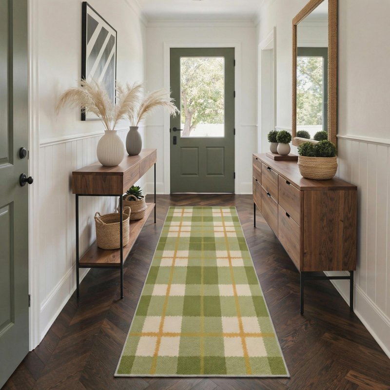 Modern Checkered Machine Washable Green / Beige / Orange Indoor Area Rug with Non-Slip Backing, Runner 2' x 7'