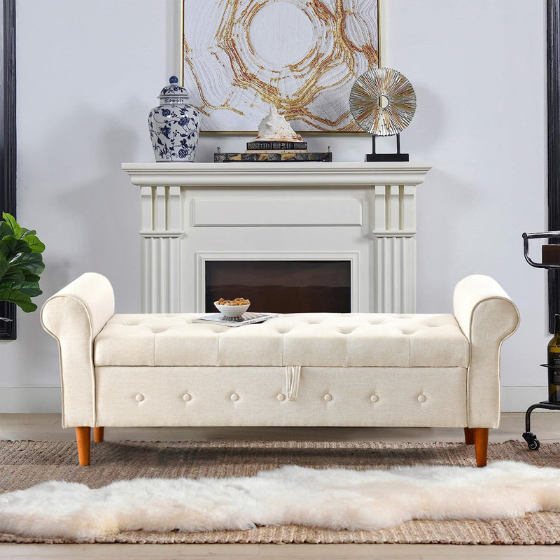 62" Bedroom Tufted Button Storage Bench, Modern Fabric Upholstered Ottoman, Window Bench with Rolled Arm Design, Beige