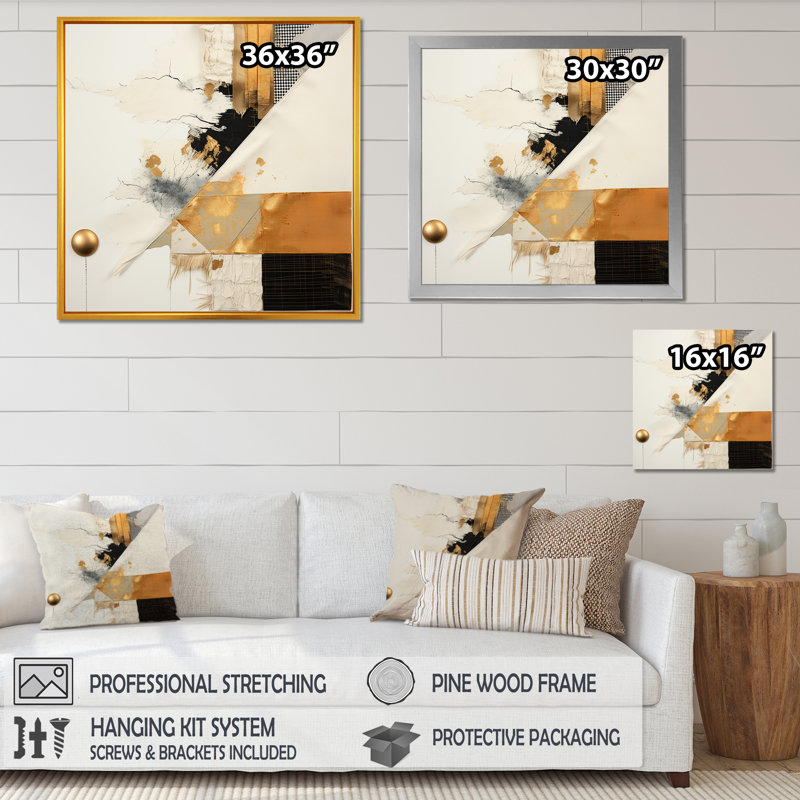 «Gray and Gold Sunset Collage VI», art mural abstrait, Cadre flottant noir, H 30 po x l 30 po x P 1,5 po