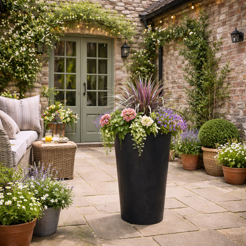 Sukari Tall Round Vase Planter Concrete Effect Recycled Garden Pot, 46.6cm H x 25cm W x 25cm D, Black