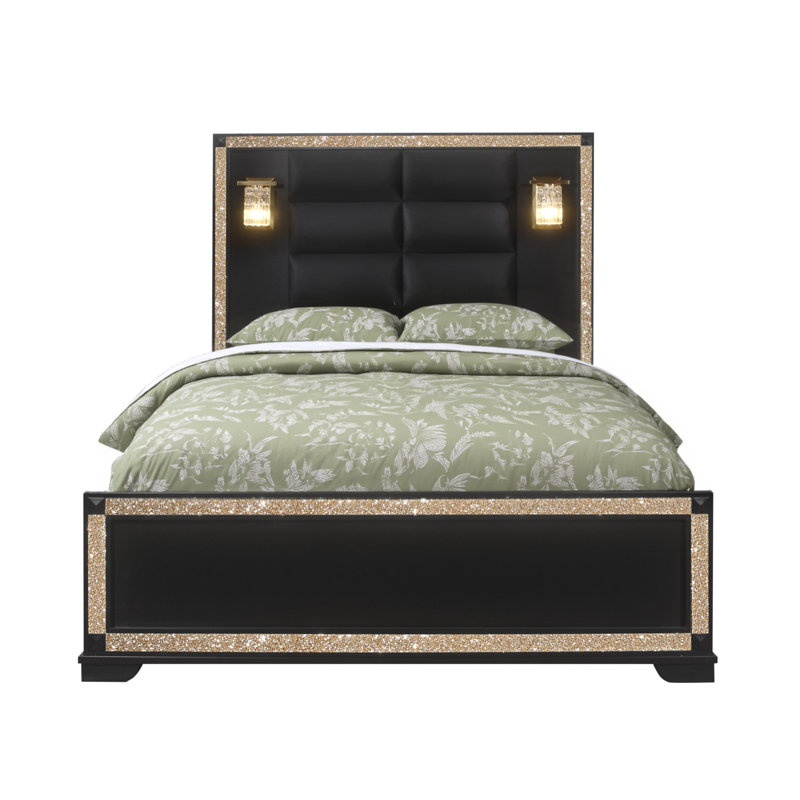 Structure de lit grand noir en faux cristal noir avec faux bois cristal