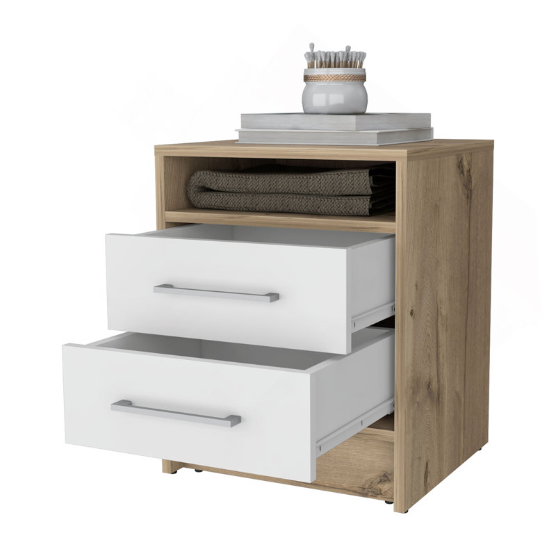 Philadelphia Nightstand, Two Drawers, Concealed Shelf, Natural/White