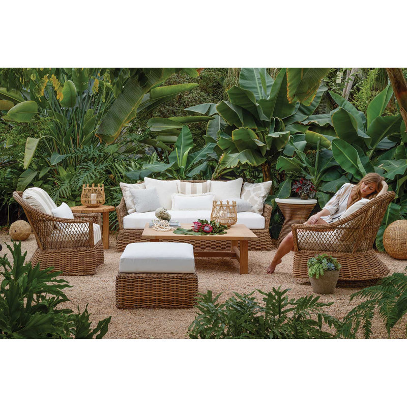Soho Woven N-Dura Resin Wicker Outdoor Arm Chair, Soho #83 Raffia, Cabana Midnight Stripe Sunbrella®, No Welt