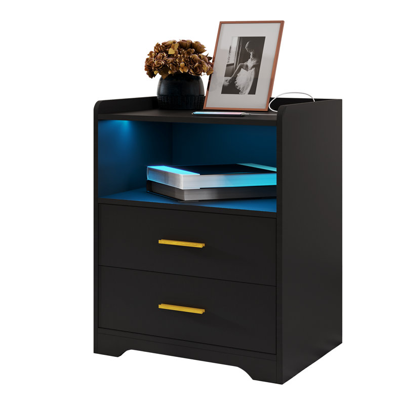 2 Drawer Bedside Table with Charging Station and Human Sensor Light, Black