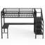Lit mezzanine double en métal avec bureau en L, garde-robe, escalier de rangement, charge USB et lumière DEL, noir