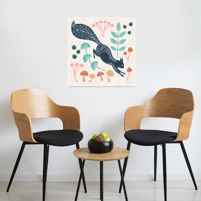 Rassemblement de champignons, écureuil contemporain, art forestier abstrait, H 24 po x l 24 po