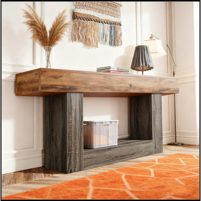 Console de 63 po, table d'entrée à 2 niveaux Farmhouse avec base en forme de U, canapé long en bois étroit derrière le canapé pour le salon