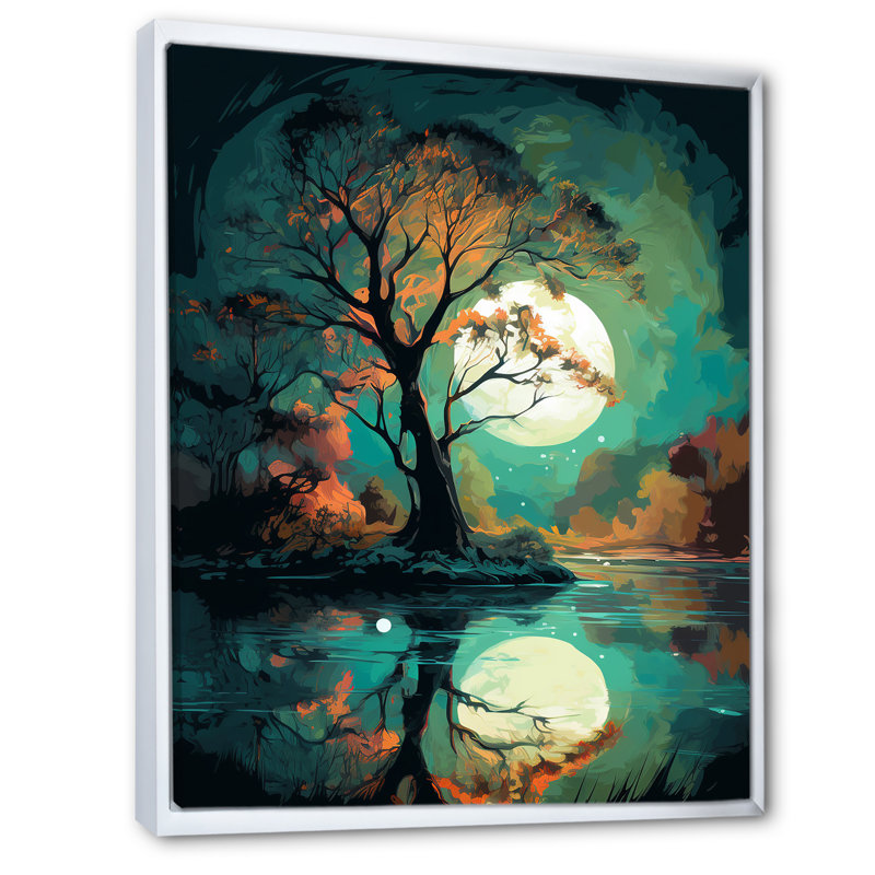 Pleine lune mystérieuse, arbre majestueux au bord du lac, Cadre flottant blanc, H 20 po x l 12 po x P 1 po