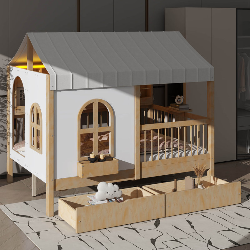 Lit double de style maison avec bibliothèque latérale et bande à DEL, structure de lit de maison de jeu avec garde-corps surélevés