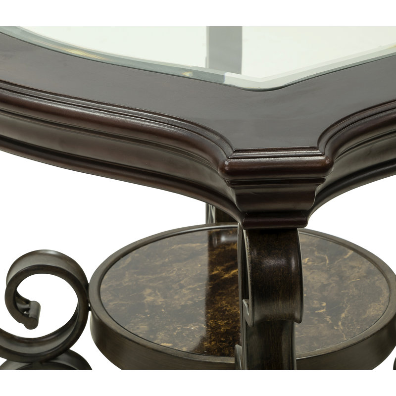 Table de bout, plateau de table en verre, panneau central en panneau de fibres à densité moyenne avec papier marbré, pieds en métal thermolaqués