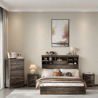 4pcs Bedroom Sets, Wooden Bed With Storage Headboard And Charging Station, 2 Nightstands With 2 Drawers, 1 Dresser With 5 Drawers by Gracie Oaks