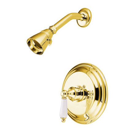 Tête et robinet de douche à pression équilibrée avec poignées leviers de porcelaine Vintage, Laiton poli