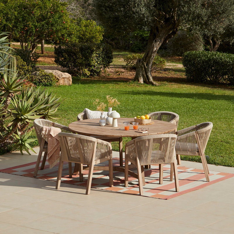 6 - Person Acacia Rectangular Solid Wood Patio Dining Set with Cushions included, Natural Wood/Beige/Cream